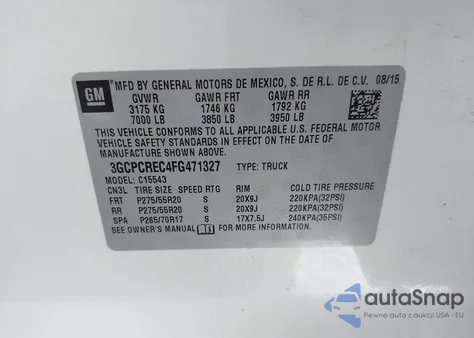 2015 Chevrolet Silverado 1Lt z USA, uszkodzony, nr VIN 3GCPCREC4FG471327